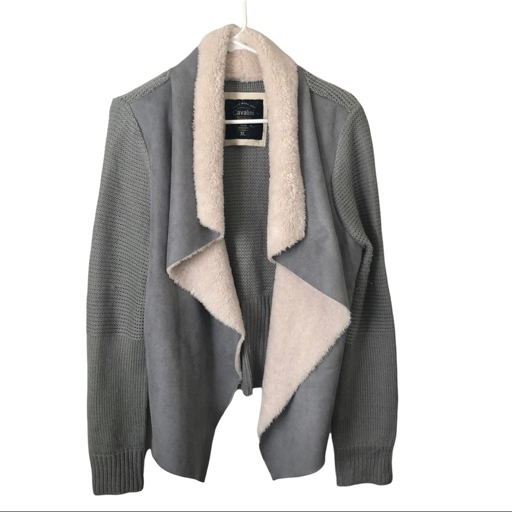 Cavalini Open Sweater Cream Faux Sherpa Grey Suede Knit Cascading Longsleeve XL